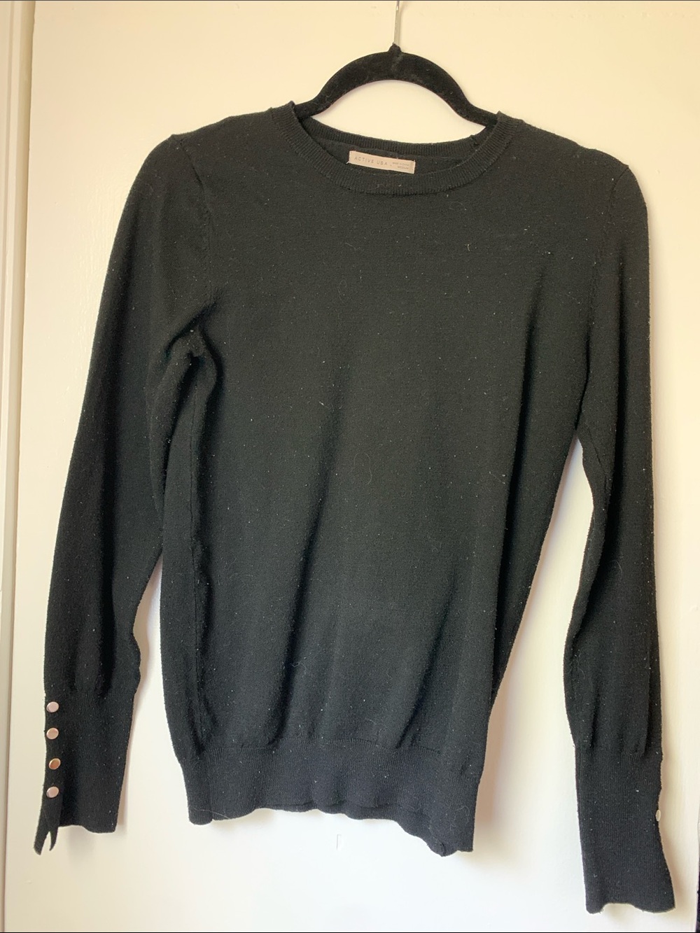 Active USA Black Crewneck Sweater with Button Cuff Detail